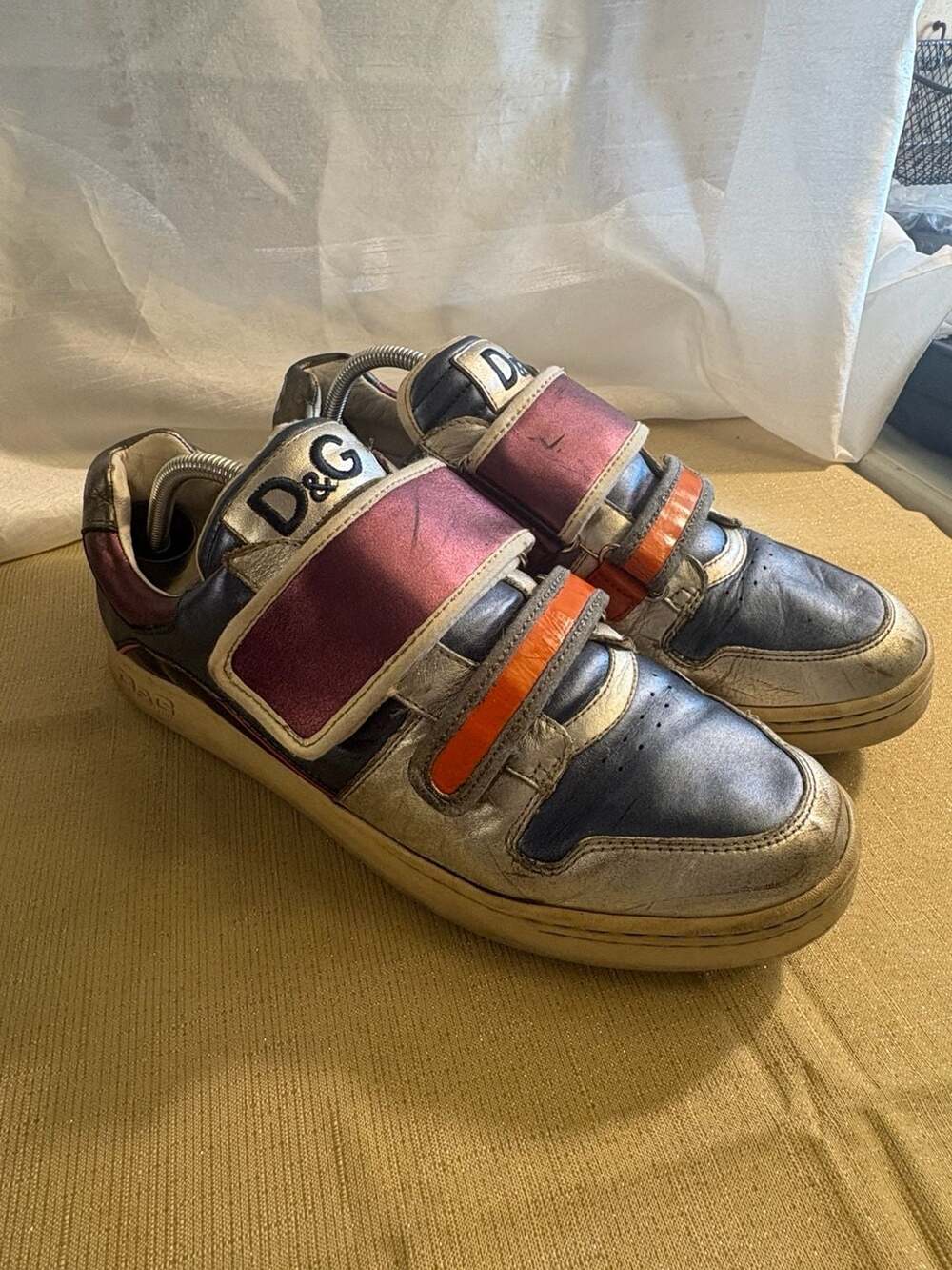 D&G Dolce & Gabbana Metallic Colorblock Leather Velcro Low Top Sneakers